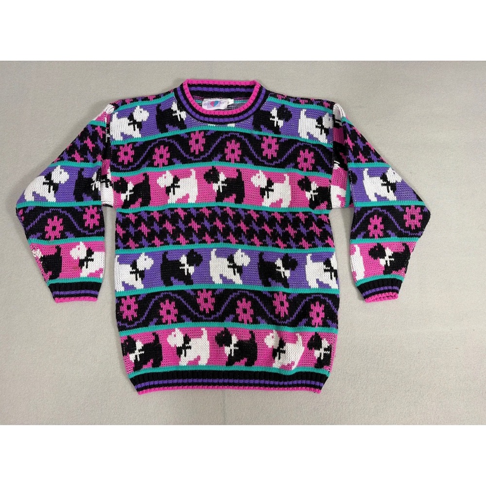 Vintage Heartworks Scottie Dog Knit Sweater Kids Small 7-8 Pink Purple 90s USA